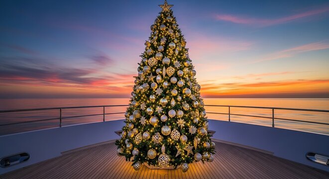 A luxurious Christmas tree adorned with gold ornaments stands elegantly on a teak yacht deck overlooking a calm blue ocean at sunset, gold, celebration, water