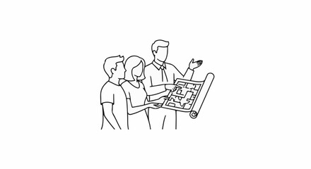 Naklejka premium Three people review a blueprint for a house design