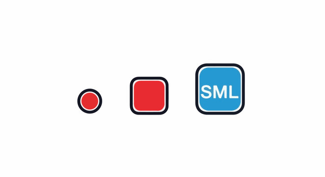 Three rounded buttons small red circle, medium red square, large blue square with SML text