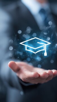 A symbol of education, a graduation cap, glows magically above the outstretched palm. A symbolic representation of educational attainment. ..Created with Generative AI, not depicting real subjects.