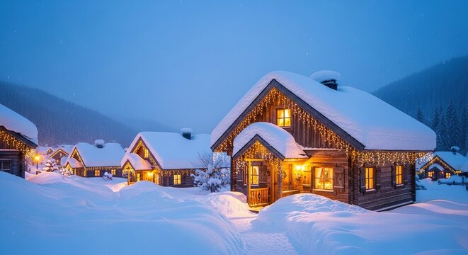 A magical winter village at dusk, featuring cozy wooden cottages buried in deep white snow and glowing with warm golden holiday lights, decorations, magical, silent
