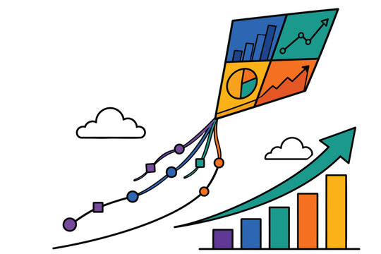 Colorful kite with business charts flying high in the sky