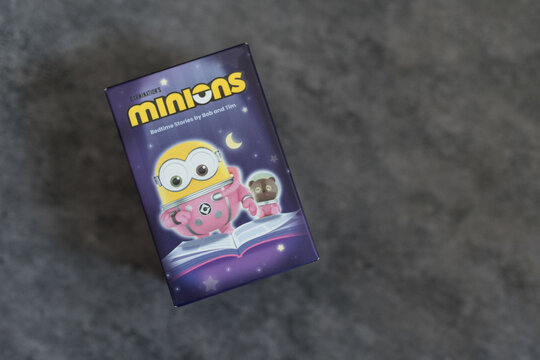 Bangkok, Thailand - May 5, 2026 : Minions Bedtime Stories By Bob And Tim Series Figures Single Blind Box. Pop Mart
