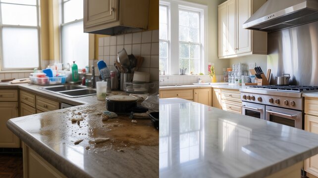 Before And After Kitchen Deep Cleaning, Messy Dirty Countertop Transformed Into Bright Spotless Kitchen