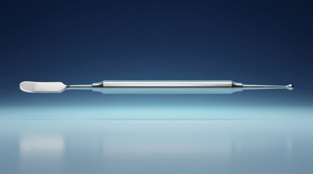 Dental composite placement instrument 3D render, restorative contouring tool visualization, dual end dental filling instrument model, stainless steel composite condenser paddle