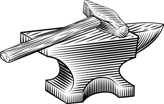 Hammer and anvil blacksmith workshop metalwork tools illustration in a vintage woodcut engraved etching style.