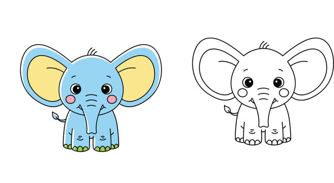 Cute cartoon blue elephant illustration with black and white line art outline template for kids coloring book page activity