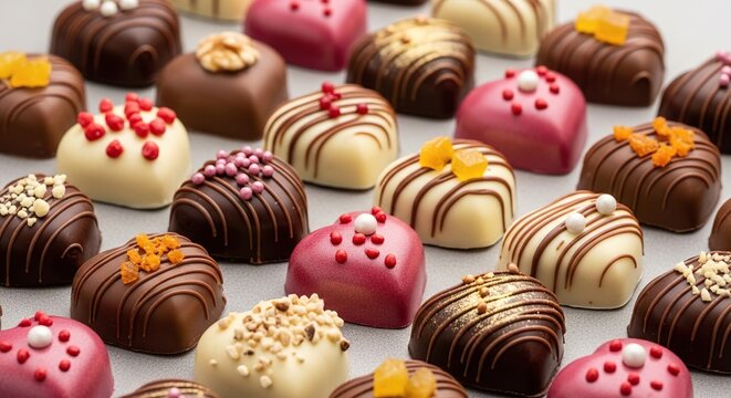 A premium collection of diverse chocolate hearts in various colors and flavors, artistically arranged on a neutral surface to show variety, shapes, gourmet, tasty