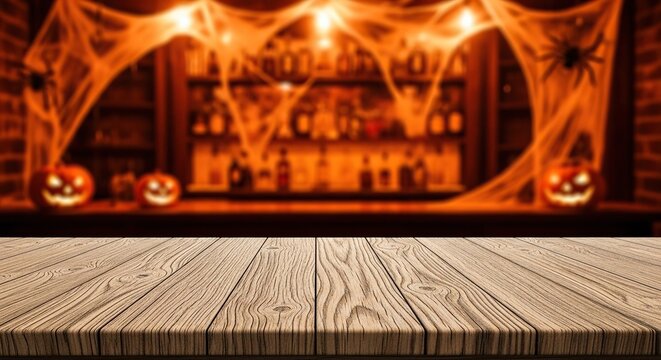 A rustic empty wooden table top for product placement set against a festive blurred bar background with orange Halloween spooky decorations, party, celebration, space