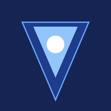 Minimalist geometric blue badge featuring a centered white circle inside nested layered inverted triangle illustration