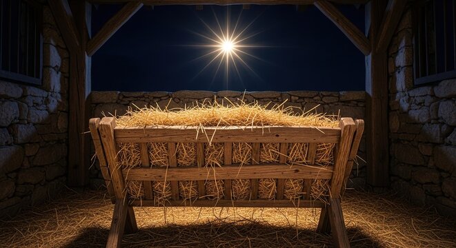 A rustic wooden manger filled with soft hay sits inside a weathered stable under a bright shining star in the silent and dark night sky, cow, wood, tradition