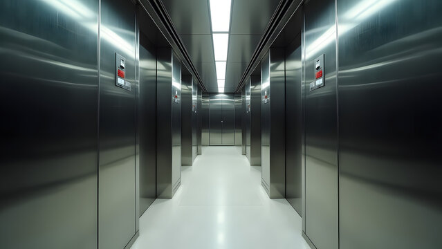 Modern elevator with mirror reflections, symmetry shot, 24mm lens --ar 16:9