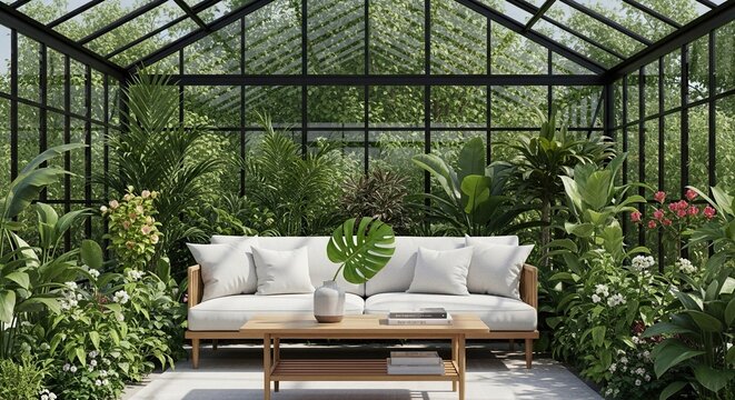 A serene living area inside a sunlit glass greenhouse features a comfortable couch, wooden coffee table, and lush tropical greenery, living room, modern, luxury