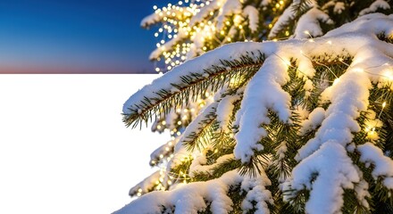 Naklejka premium A serene winter scene featuring heavy snow resting on evergreen pine branches, illuminated by magical twinkling fairy lights at nightfall, forest, celebration, bokeh