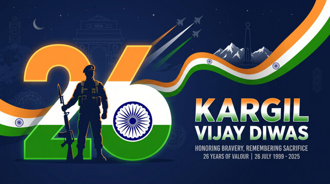 Indian Soldier Silhouette Standing with Number 26 and Ashoka Chakra on Dark Blue Background for Kargil Vijay Diwas Anniversary Banner Illustration
