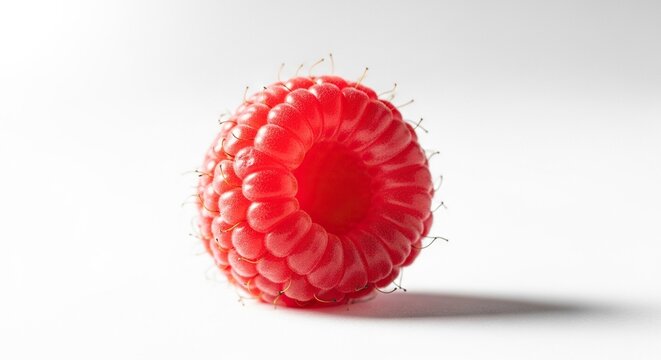 A single ripe raspberry rests on a minimalist white surface, showcasing its vivid red hue and fine, textured drupelets in sharp detail, summer, snack, raw