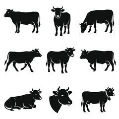 Obraz premium Black and white vector silhouette set of Cow