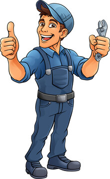 A handyman, mechanic, plumber or other construction cartoon mascot man holding a wrench or spanner tool.
