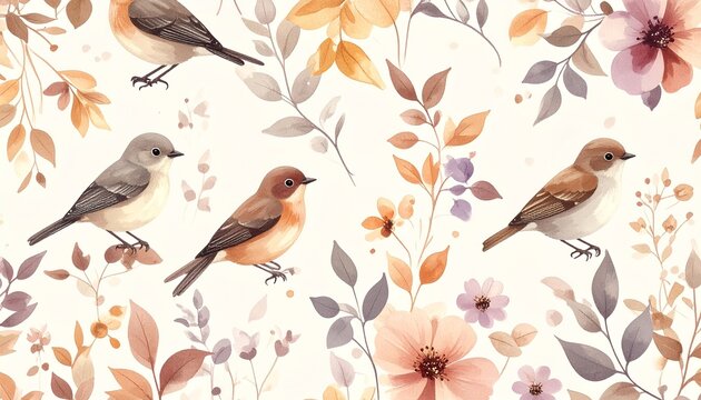 Delicate watercolor illustration of small birds perched among soft floral blooms in warm autumn tones.