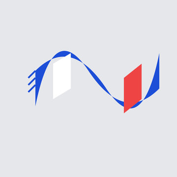 Minimalist abstract geometric graphic with blue wavy ribbon plus red and white parallelogram shapes illustration