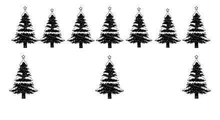 Obraz premium Tree christmas icons pattern with pine fir firtree silhouettes and small decorative ornaments on clean white background