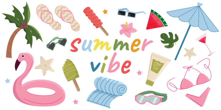 Summer Vacation Vector Set with Flamingo Float, Swimwear, Fruits, Ice Cream, Tropical Beach Lifestyle Elements &ndash; Bright Colorful Collection for Social Media, Poster, Banner and Seasonal Design