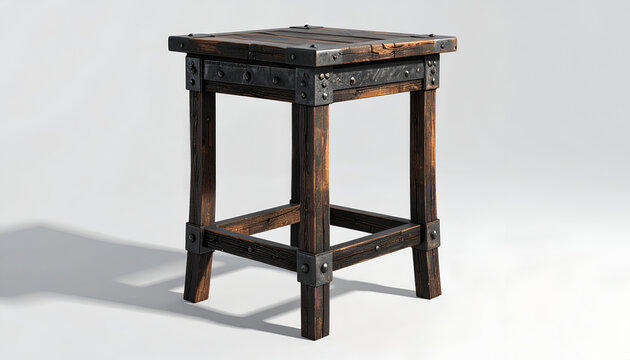 Antique Wooden Stool with Metal Accents.