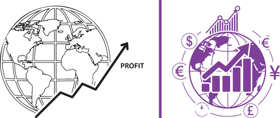 Naklejka premium Global business growth icons featuring Earth globes, rising arrows, and currency symbols. Representing international market expansion and financial success