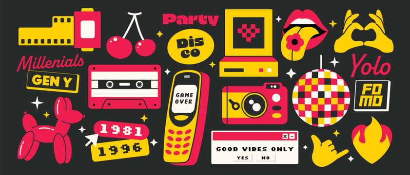Set of y2k elements collection. Phone, camera, disco, party. Millenials things design stickers.