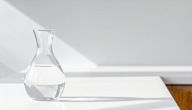 Clear water in a minimalist glass carafe casting a long shadow on a bright white surface.
