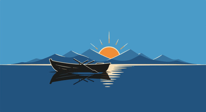 A solitary boat floats on calm water beneath a rising sun and distant mountains