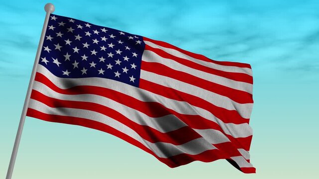 American flag waving on a flagpole against a dramatic, stormy blue sky. High-quality 4k seamless loop animation for cinematic backgrounds.