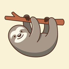 Obraz premium Cute sloth hanging on a tree branch vector illustration in cartoon style
