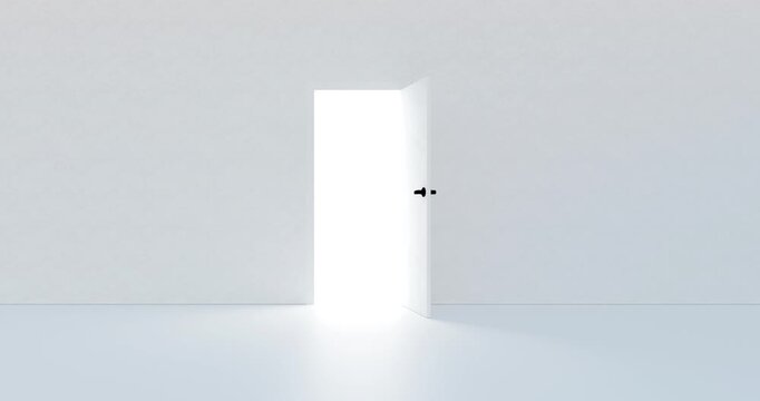 Open focused white door revealing bright hopeful light in empty room 3d concept