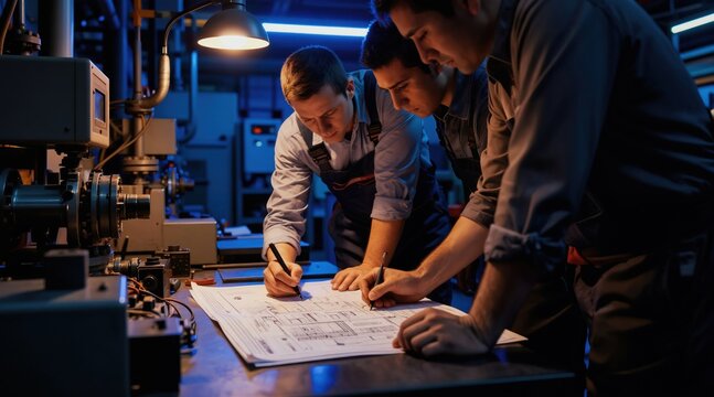 Three men in work overalls review blueprints on a factory floor. They point at plans near machinery under blue and orange light. Teamwork and planning.