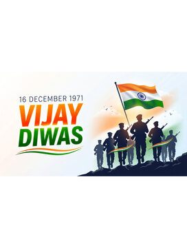 Indian Army Soldiers Marching With National Flag For 16 December 1971 Vijay Diwas Celebration Greeting Banner Background Vector Illustration
