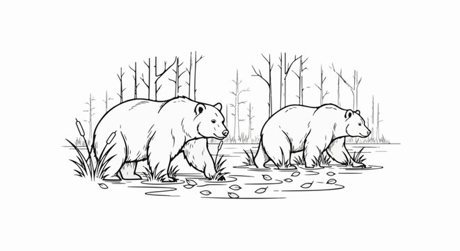 Two bears walk through a forest with tall grass and bare trees