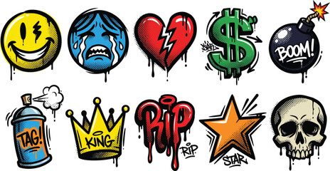 Graffiti element vector set, trendy pop art stickers with spray paint drips, creative urban character icons isolated on white background © Graphiccircle