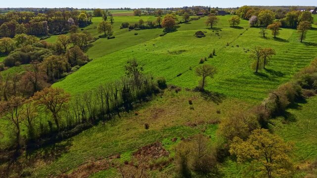 Drone view flying over lush green rolling hills and fields in rural countryside of Mayenne, Pays de la Loire, France. Aerial forward