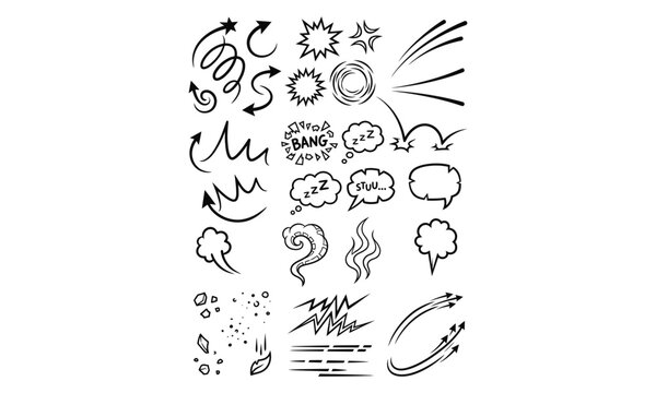 A collection of hand-drawn comic book style sound effects and action lines