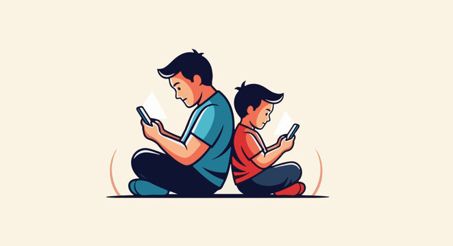 Father and son sit back-to-back, engrossed in their mobile phones