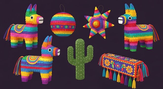 Colorful mexican pi ata collection festive decorations for celebrations and parties
