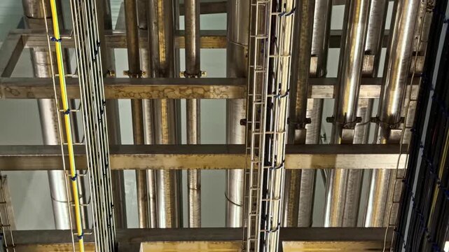 A detailed view of interconnected metal pipes and conduits in an industrial facility. Ideal for engineering or infrastructure content.