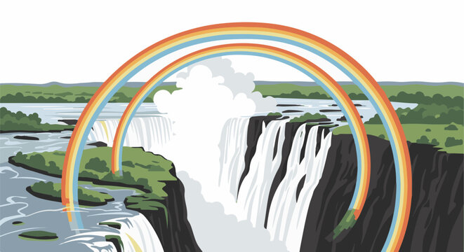 Twin rainbows arc over a lush green landscape with powerful waterfalls