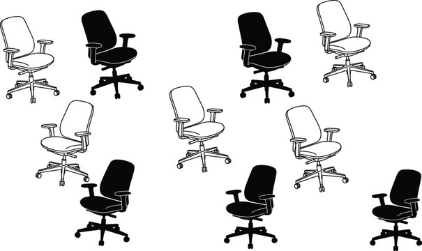 Office Chair Collection Set with Different Angles and Styles Isolated on White Background for Workplace Furniture Design and Seating Concepts