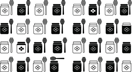 Honey Jar and Dipper Icon Set with Beekeeping Food Symbols in Outline and Solid Styles for Organic Products, Packaging Design, and Culinary Branding © Nurchhana