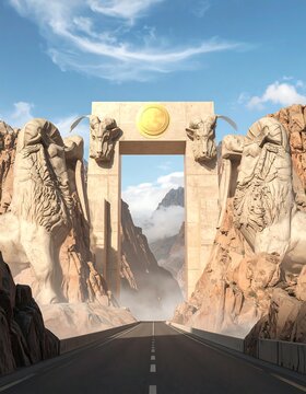 Epic stone gateway with symmetrical goat statues and golden emblem over misty mountain highway high resolution wellpaper