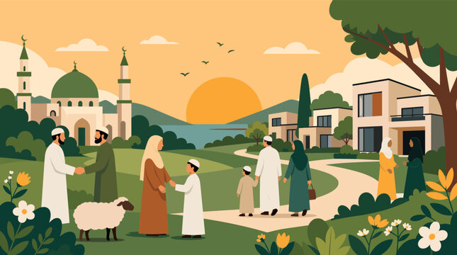 A minimalist illustration of a man in a white thobe walking through a lush green garden, ideal for cultural and lifestyle content.