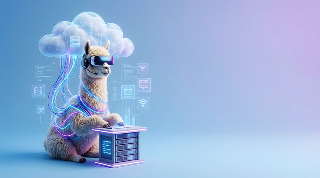 Funny llama wearing VR headset and headphones working with cloud computing and data servers on blue background with copy space