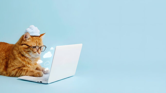 Funny ginger cat with glasses and hat using laptop for cloud computing on blue background with copy space